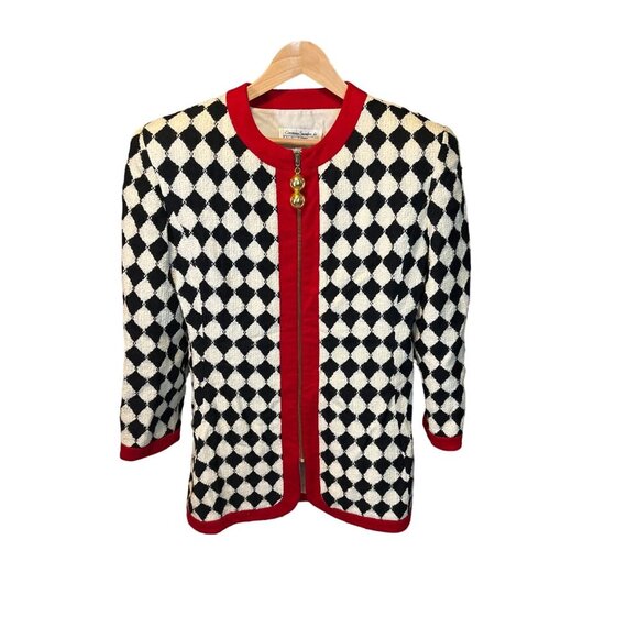 Vintage Richard Warren Geometric Harlequin Jacket Red Trim Gold Buttons Size 14 - Picture 1 of 8
